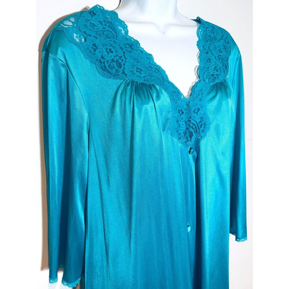 Peignoir Vanity Fair Short Robe Gown Teal Set Lace Trim Lingerie NOS M/L